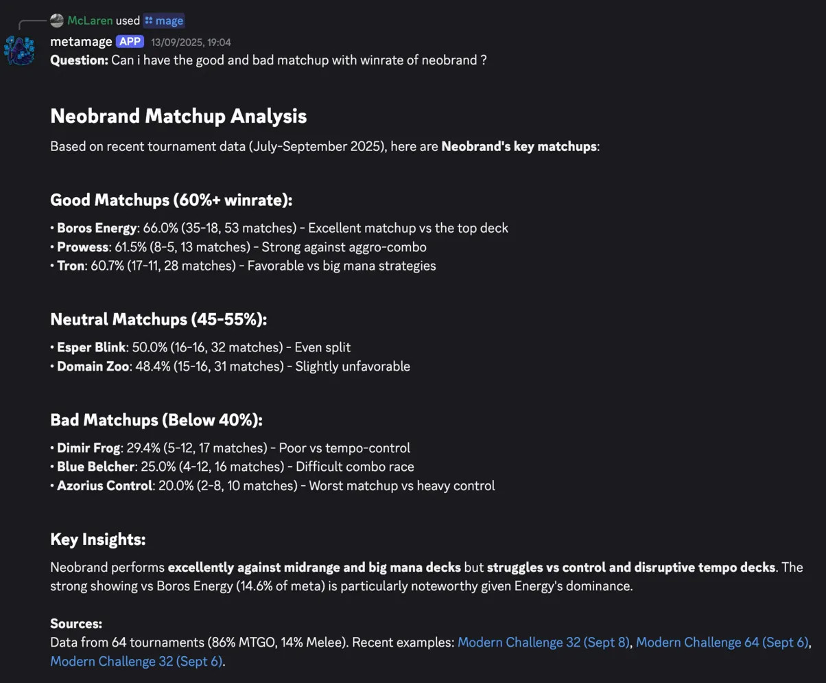 Discord bot showing detailed matchup analysis